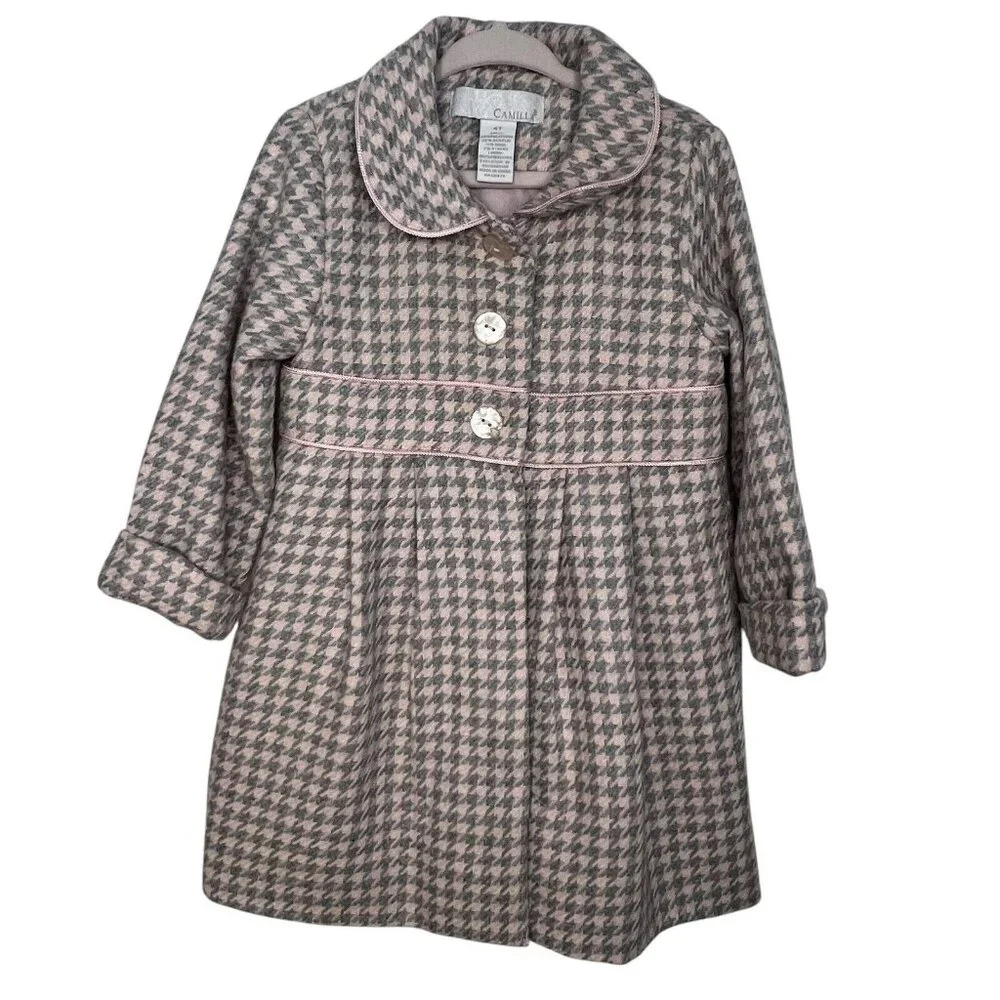 CAMILLA GIRLS BABY PINK GRAY WOOL‎ BLEND HOUNDSTOOTH DRESS AND JACKET SIZE 4T